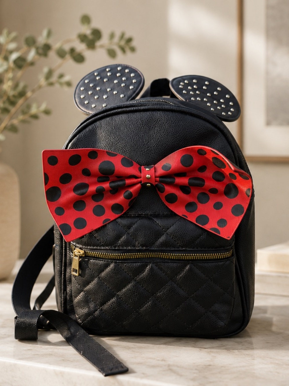 Minnie Mouse Inspired Quilted Backpack Polka Dot Bow Mini Backpack Bag Disney